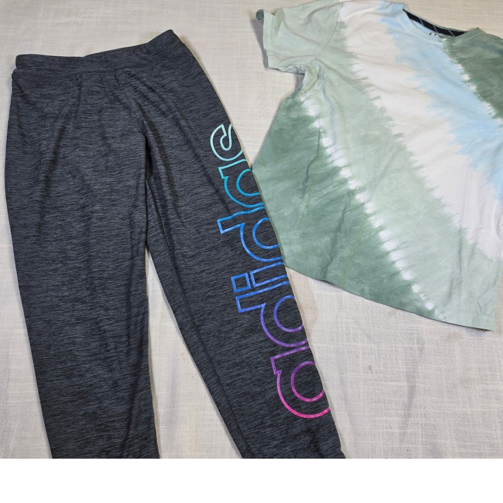 Adidas Girls Gray Ombre Logo Leggings & Art Class Tie Dye T-Shirt Set Size L 14